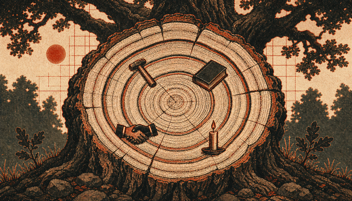Oak tree rings embedded with daily symbols illustrating legacy through the dichotomy of control