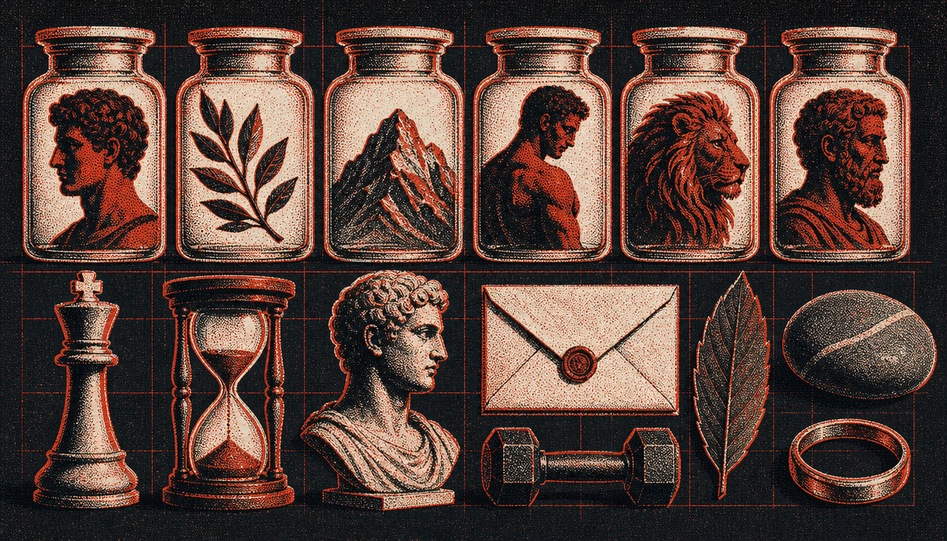 Apothecary jars of symbolic objects representing which men benefit from stoic journaling