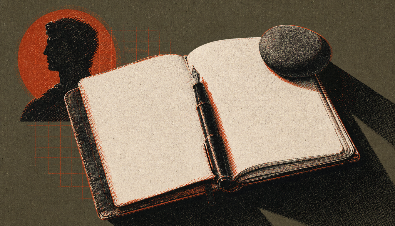 Journal and stone symbolizing daily practice building social presence in men