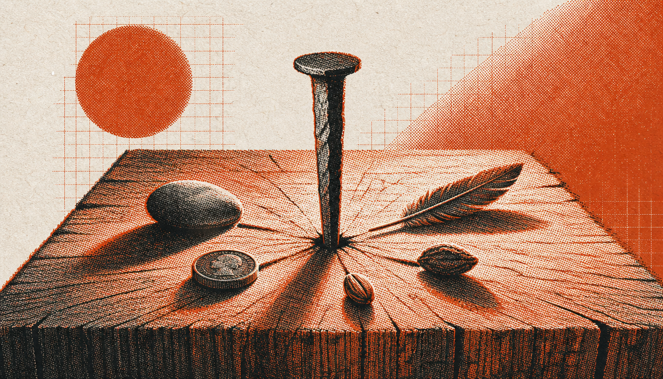 Iron nail in oak plank representing leverage shortcuts for from knowing to doing