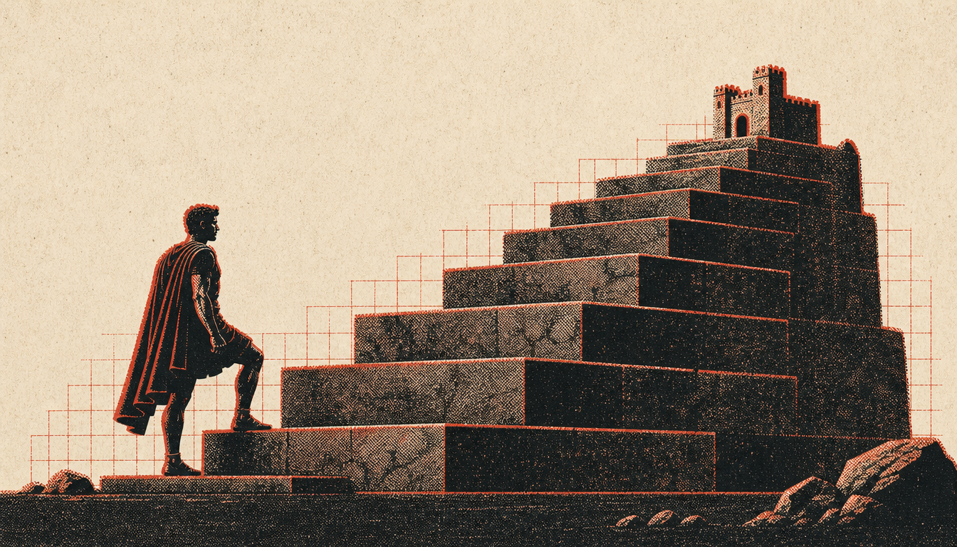 Ascending staircase to a fortress illustrating stacking stoic frameworks for men