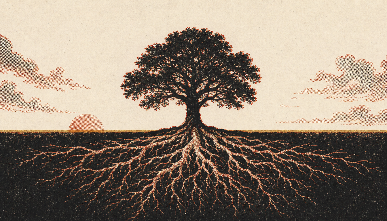 Oak tree with visible roots representing the hidden foundation of personal legacy