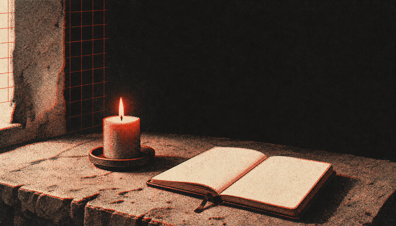Candle and blank notebook representing private reflection beyond performative masculinity