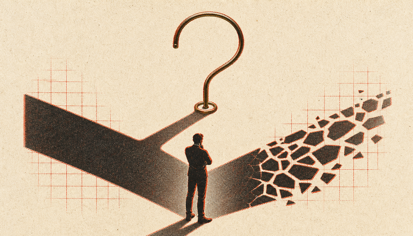 Brass question mark with split shadow representing inquiry into the dichotomy of control