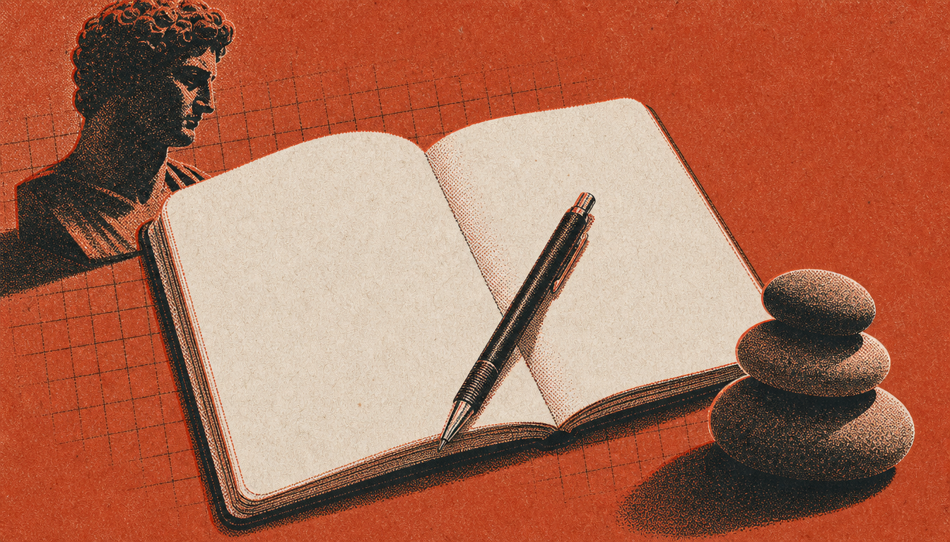 Open notebook and balanced stones illustrating a daily stoic journaling routine