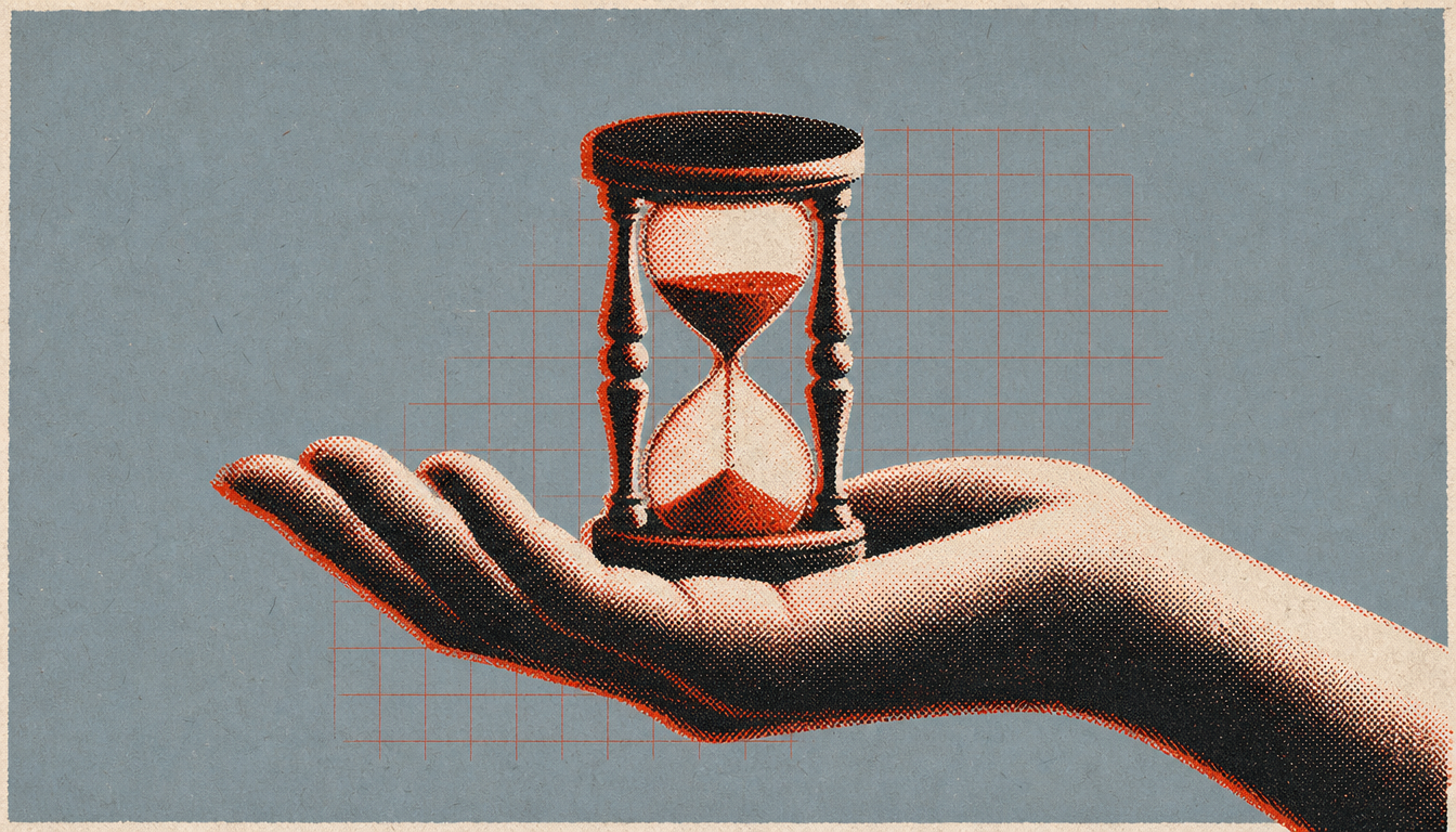 An hourglass in an open hand representing the daily premeditatio malorum practice commitment